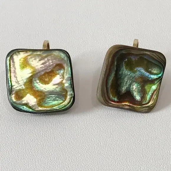 Vintage Abalone Shell Square Abstract Modernist Clip On Earrings Gold Tone - Picture 9 of 9